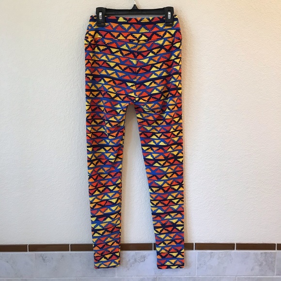 Lularoe Leggings Tights One Size Triangle Print Fall Colors Orange Yellow Blue - Picture 5 of 10